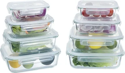 A set of glass food storage containers filled with various ingredients, arranged in two stacks against a white background.