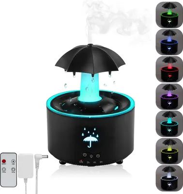 A black humidifier with an umbrella-shaped top, emitting mist, shown with various color options on the right side.