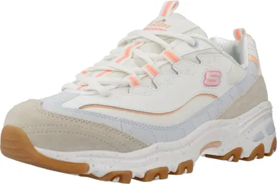 A single white sneaker with pink and light blue accents.