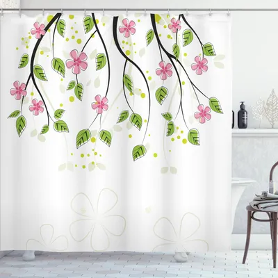 Produktbild von ABAKUHAUS Blumen Duschvorhang, Zweig Mit Blumen Blätter Cartoon Illustration Happy Kindheit Sommer Natur Kunst, 175 x 240 cm, Grün Rosa