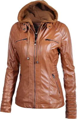 Produktbild von ASKSA Damen Lederjacke Kurz Kapuze Jacke Motorradjacke mit Reissverschluss Oberbekleidung, Braun, 3XL