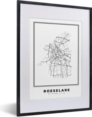 Produktbild von MuchoWow® Gerahmtes Poster Karte - Roeselare - Belgien - Schwarz und weiß - Stadtplan 30x40 cm - Poster mit Schwarzem Bilderrahmen Wandposter Rahmen Foto Bilder - Wandposter Schlafzimmer