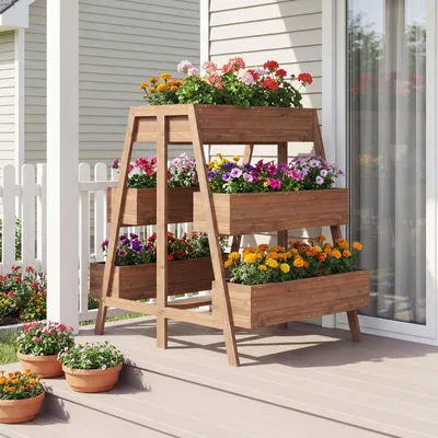 Immagine prodotto di COSTWAY aiuola verticale a 3 livelli, aiuola con 6 cassette per piante, fondo a doghe e inserto, scala per fiori, aiuola da giardino in legno, fioriera marrone, 126 x 90 x 115 cm