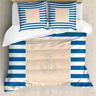 Produktbild von ABAKUHAUS Harbor-Streifen Bettbezug, Maritime Anchor, Milbensicher Allergiker geeignet mit Kissenbezügen, 200 cm x 200 cm - 80 x 80 cm, Violet Blue Peach Weiß