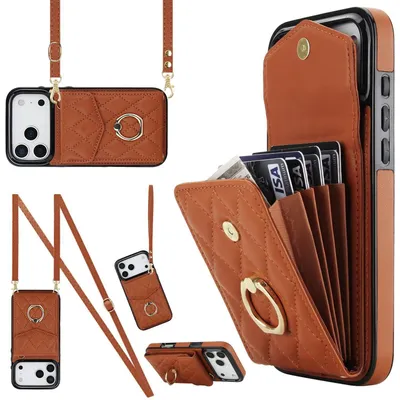 Imagen del producto de Funda de cuero sintético tipo bandolera para Apple iPhone 17 Pro, con diseño de rombos y compartimento para tarjetas RFID, color marrón