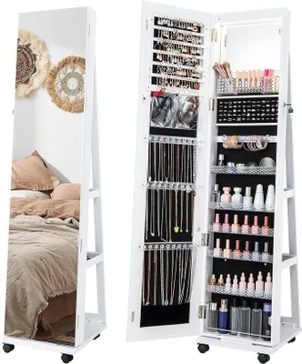 Imagen del producto de Cajonera con ruedas, armario giratorio con espejo que incorpora 3 luces LED de colores y estantes ajustables, espejo de pie para collares, pendientes y cosméticos (blanco)