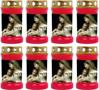 Produktbild von Grabkerze Rot 8er Pack, Brenndauer: 40 Stunden ( je Kerze ), Motiv: Maria mit Lamm