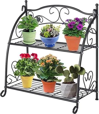 Image de Support métallique à deux niveaux pour jardinières, pour l'intérieur et l'extérieur - noir - élégant et pratique