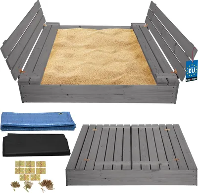 Produktbild von KOTARBAU® Sandkasten mit Abdeckung 140 x 140 cm Grau Großer Holzsandkasten Sandkasten mit Sitzbank und Deckel Gartenspielzeug Kinder imprägniert verschließbar mit Bänken