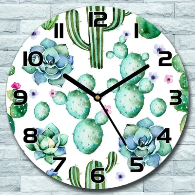 Produktbild von Wanduhr aus Glas Rund fi 30 Aquarell Kakteen Quarz Deko Wohnzimmer Büro