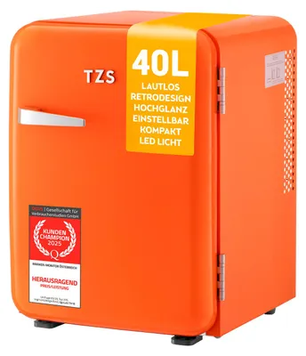 Produktbild von TZS First Austria - Retro Mini Kühlschrank 40L lautlos - Minibar im Vintage-Design mit Innenbeleuchtung & 2 Türfächern - Orange