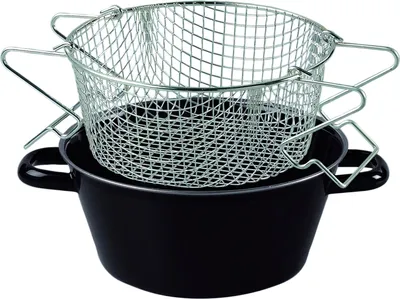 A black enamel pot with a silver wire mesh frying basket inside.
