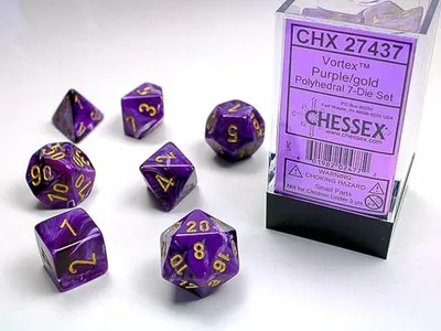 Imagen del producto de Conjunto de 7 dados poliédricos Chessex, modelo Vortex, color morado/dorado