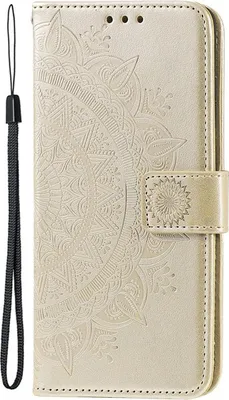 A close-up view of a beige flip phone case with a mandala embossed pattern.