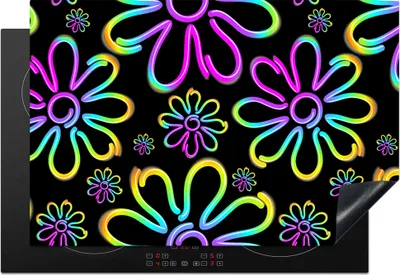 Produktbild von KitchenYeah© Herdabdeckplatte Blumen - Neon - Muster - Psychedelisch , 78x52cm, Küche Deko, Glaskeramikkochfeld Herdabdeckung, Abdeckplatte fùr Kochfeld