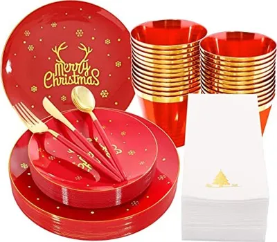 Produktbild von 175Pcs Mehrweg Geschirr Set für 25 Personen, Wiederverwendbares Weihnachten mit Speiseteller Salatteller Messer Gabeln Löffel Servietten Party