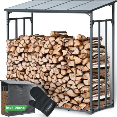 Produktbild von holz4home® Kaminholzregal Außen Holzlager I Größe: 182 x 70 x 185 cm LxBxH I Brennholzregal inkl. Ofenhandschuh I Überdachung mit Stapelhilfe