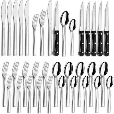 Productafbeelding van Hunnycook Bestekset, 36 delen voor 6 personen, inclusief steakmessen, roestvrijstalen servies, vaatwasmachinebestendig, zilverkleurig