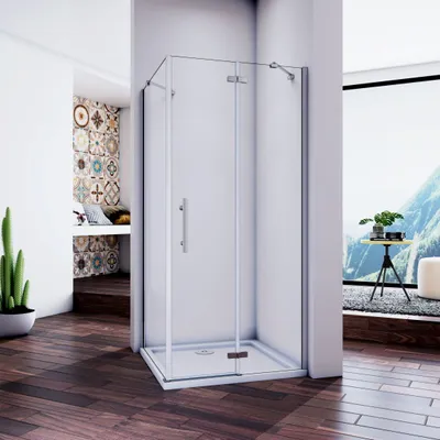 Produktbild von 90cm Tür x 70cm Seitenwand H.185cm Pendeltür Scharniertür Duschkabine Duschabtrennung 6mm NANO ESG-Glas eckig Duschtür
