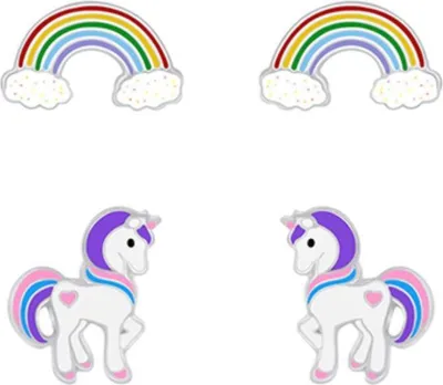 Produktbild von 2er Set Kinder Ohrringe Silber 925 Ohrstecker Einhorn & Regenbogen