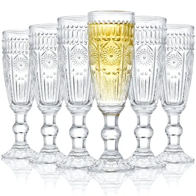 6 Champagnerflöten aus Glas, 5 oz, Vintage, für Sekt und Prosecco