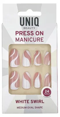 Immagine prodotto di UNIQ Press On Nails White Swirl - Set di unghie artificiali con colla, forma ovale media, 24 pezzi