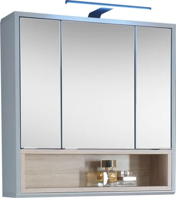 Produktbild von Badezimmerspiegelschrank >Tunis< LED, 3 Türen, grau matt / sonoma eiche - 65x65x16 (BxHxT)