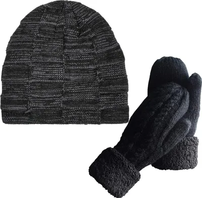 Produktbild von Wintermütze, Mütze und Schal-Set für Herren und Damen, warm, gestrickt, dick, mit Fleece gefüttert, Totenkopfkappe, Halswärmer für Männer und Frauen