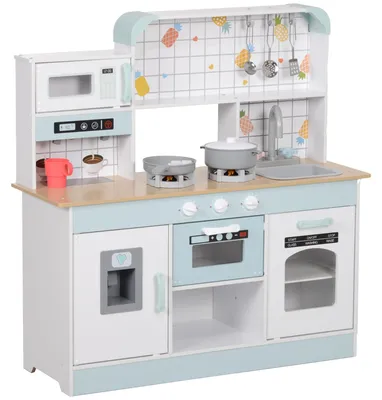 Imagen del producto de Cocinita Infantil con Sonido Fogón Grifo Fregadero Microondas Cafetera Máquina de Hielo y Accesorios de Cocina Blanco
