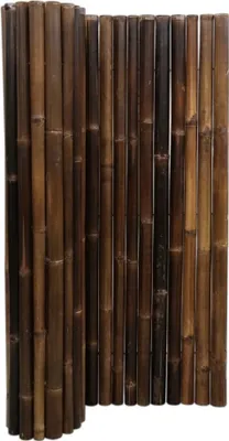 A close-up view of a rolled-up bamboo privacy screen.