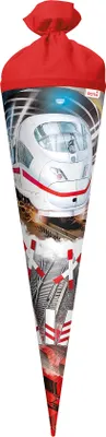Produktbild von ROTH Schultüte groß Schnellzug 70 cm Folieneffekt rund Rot(h)-Spitze Filzverschluss Zuckertüte Schulanfang