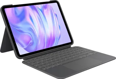 A tablet with a keyboard case is shown at an angle against a white background.