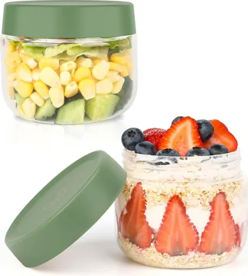 Image de Pots à céréales 300ml 2 pièces - Pots pour Overnight Oats - Couvercle hermétique - Pots à provisions - Pots ronds en verre - Meal Prep - Yaourt Muesli Bouillie - Couvercle vert
