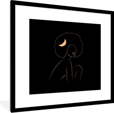 Produktbild von MuchoWow® Gerahmtes Poster Frau - Mond - Gold - Strichzeichnung 40x40 cm - Poster mit Schwarzem Bilderrahmen Wandposter Rahmen Foto Bilder - Poster - Plakat im Rahmen