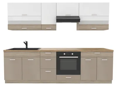 Produktbild von Küchenzeile 270 cm - Sonoma Beige Weiß - Mit Arbeitsplatte Lancelot Eiche - Metallbox Schubladen - Soft-Close - MDF - PREMIO A PLUS