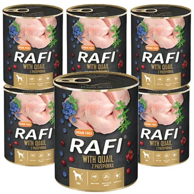 Zdjęcie produktu dla Rafi Mokra Karma dla Psów Dorosłych z Przepiórką, Żurawiną i Borówką Puszka 6x800g