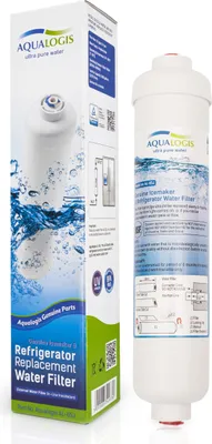 A product shot of a water filter and its packaging, with the packaging showing graphics and text related to water and refrigerators.