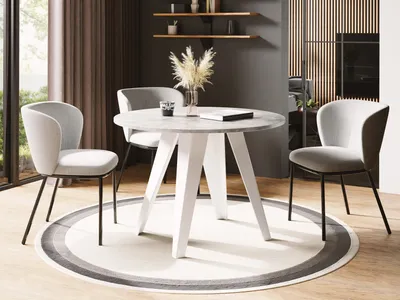 Produktbild von Esstisch Glory Weiß im Industriestil - Modern, Rund - Ausziehbar von 100 cm bis 140 cm, Pulverbeschichtete Metallbeine - Beton Grau