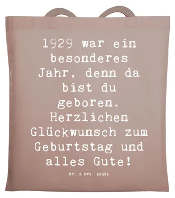 Produktbild von Mr. & Mrs. Panda Shopping Tasche Spruch 1929 Geburtstag - Braun Pastell - Geschenk, Geburtstagsgeschenk, Tote Bag, Glückwunsch, Schultasche, Jutetasche, geboren, Jahrgang