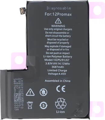 Produktbild von Akku passend für Apple iPhone 12 Pro Max, diagnostizierbar, Li-Polymer, 3,83V, 3687mAh, 14,13Wh, ohne Werkzeug