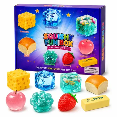 Obrázok produktu pre Sada 8 kusov senzorických hračiek na stláčanie – SQUISHRA, séria "SQUISHRA Snack-Truppe", Obrázok generovaný UI