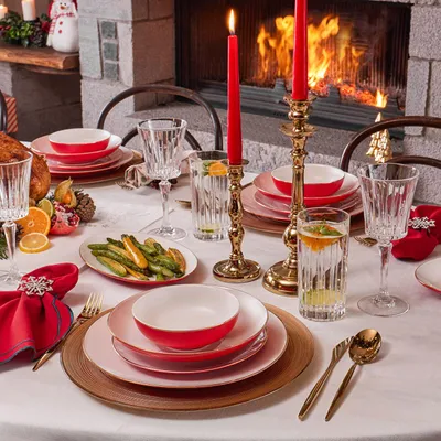 Obrázok produktu pre Hermia Concept, kvalitná súprava riadu (58 kusov) vyrobená zo 100% porcelánu, červená a biela