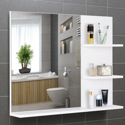 Zdjęcie produktu dla Lustro łazienkowe z 3 otwartymi półkami, lustro ścienne z półką z płyty MDF E1, białe | 60 x 10 x 48 cm | Lustro 39,5 x 46,5 cm | 4,4 kg