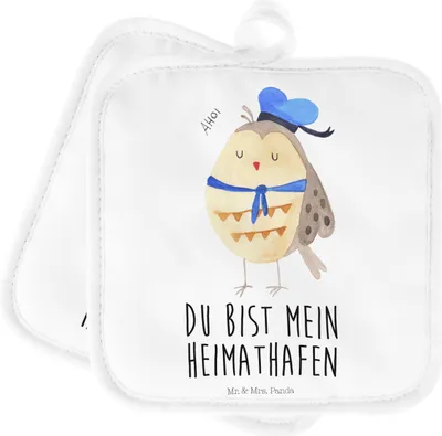 Produktbild von Mr. & Mrs. Panda topfhalter Eule Matrose - Weiß - Geschenk, Heimathafen, Topflappenset, Topflappen, Hochzeitstag, Set, Verliebt, Kochlappen, Freundin, Topfuntersetzer