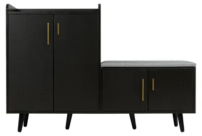 Zdjęcie produktu dla Szafka na buty i szafka na obuwie - 120 x 34 x 82,8 cm - 4 drzwi - metalowe uchwyty - płyta wiórowa i metal - zabezpieczenie przed przewróceniem - kolor czarny, imitujący orzech