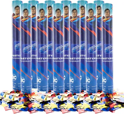 Produktbild von Party Factory `Superman´ Party Popper 12er Set, 40 cm Konfettikanone mit bunt schimmerndem Konfetti, bis zu 8 m Flughöhe