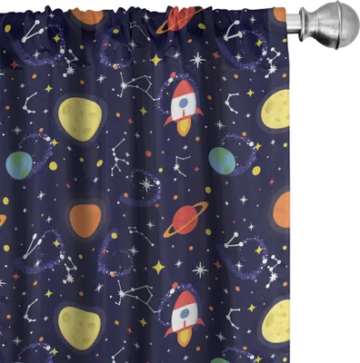 Produktbild von ABAKUHAUS Raumschiff Vorhänge, Gardinen, Cosmic Themed Muster von fliegenden Raumschiff im Weltraum Sterne Planeten, 2 Stück 75 x 175 cm, Indigo Mehrfarbig