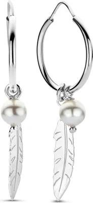 Produktbild von Neu Bling 9NB-1351 Silber Ohrringe mit Anhänger - Ohrringe - Perle 6mm - Feder - 20x5mm - Ohrringe 19x1.7mm - Geschenk - Rhodium - Silber