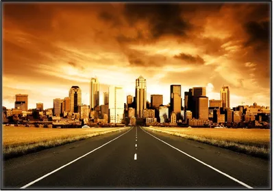 Produktbild von Wallario Wandbild Skyline am Ende der Straße, Größe: 70,30 x 100,30 cm, Poster mit schwarzem Aluminiumrahmen