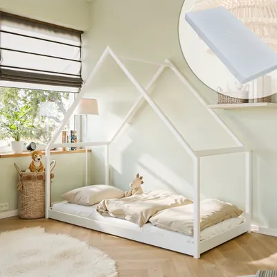Produktbild von Hausbett Kinderbett 90x200 cm Bett mit Matratze & Lattenrost Bed Kinder Jugendbett Einzelbett Spielbett Hausbett Himmel | weiß Kiefer Holz massiv Junge Mädchen 200x90 cm